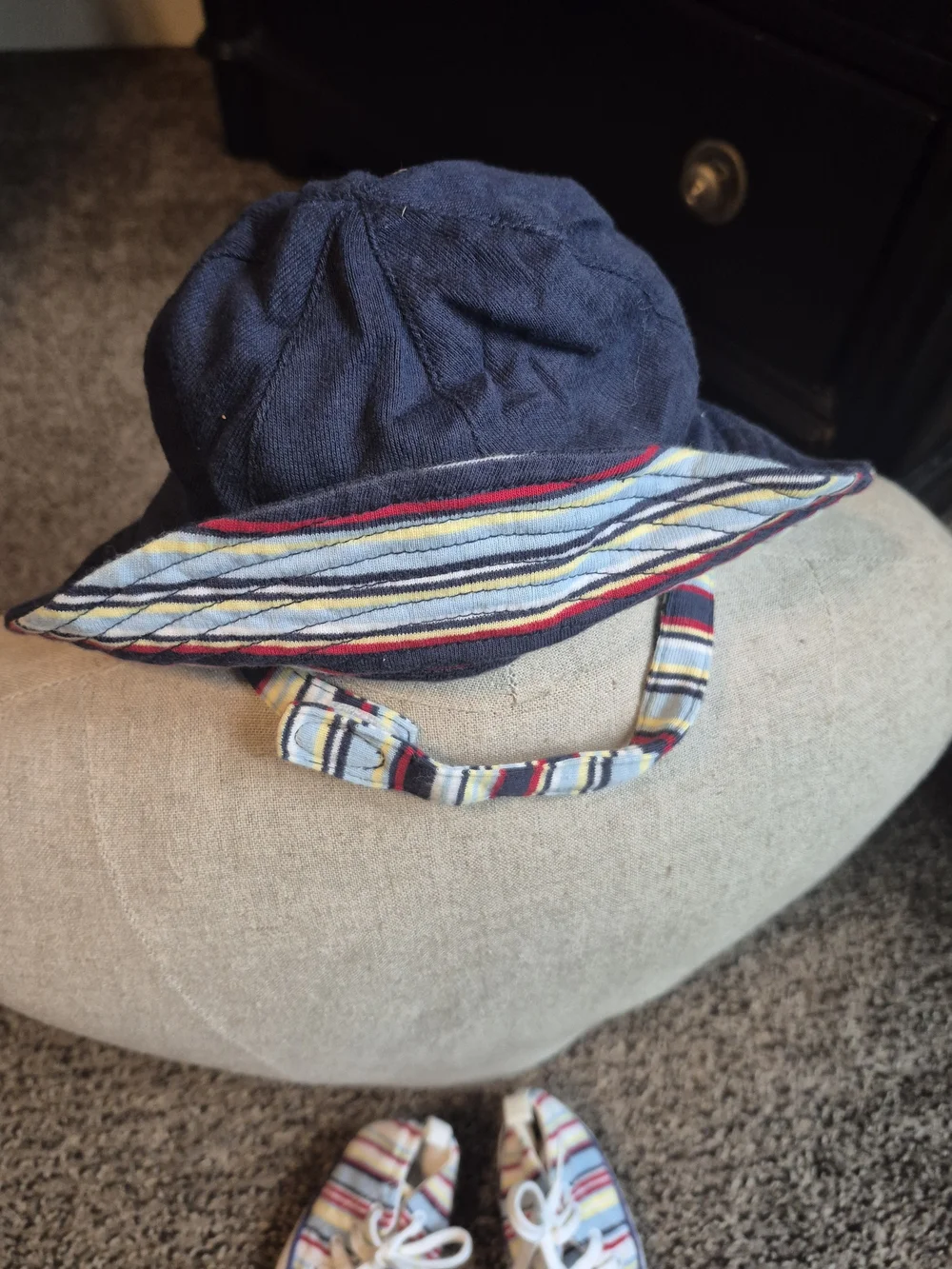 Old Navy Navy, Light Blue, Red and Cream Striped Baby Hat And Shoes